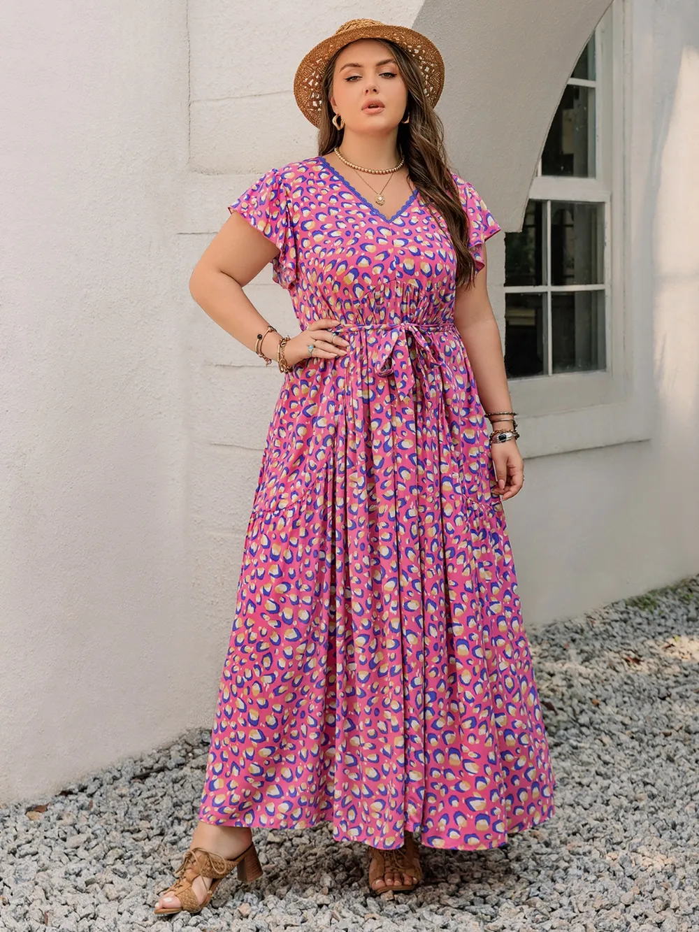 Plus Size Printed V-Neck Flutter Sleeve Tie Waist Maxi Dress, image 8