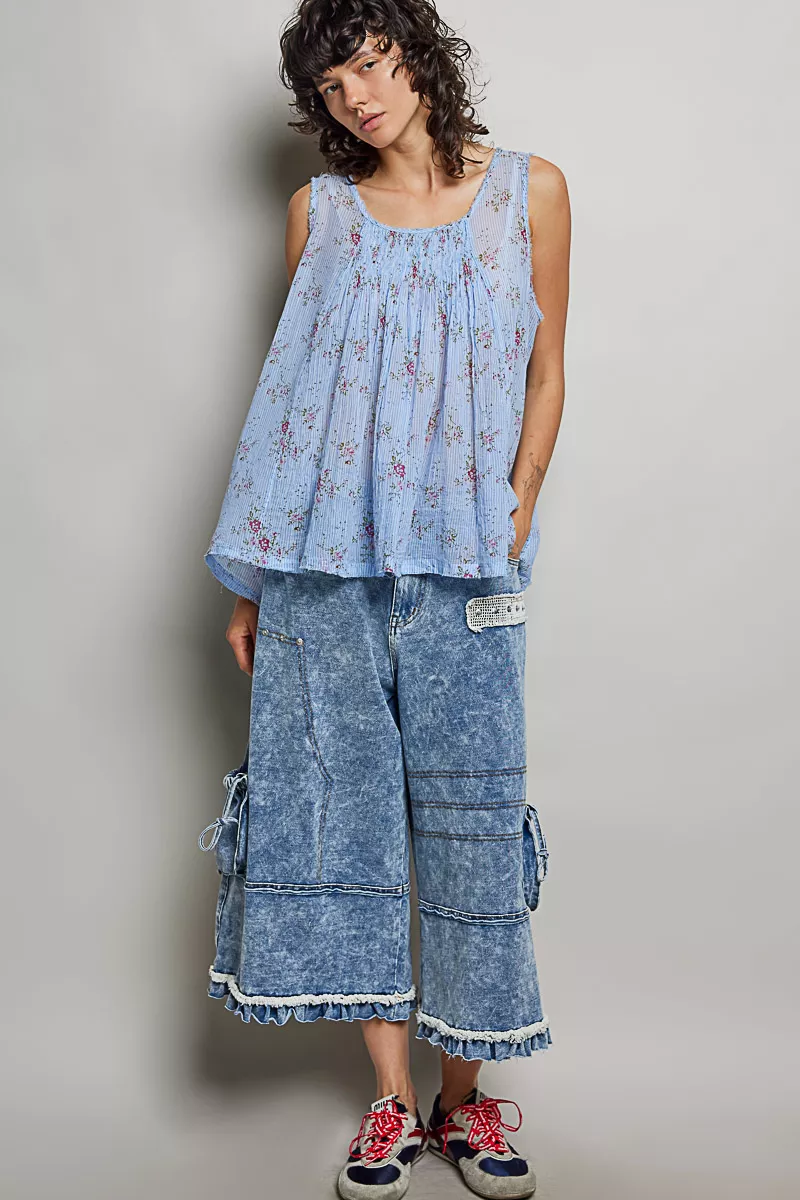 POL Round Neck Sleeveless Floral Pleated Cotton Top, image 5