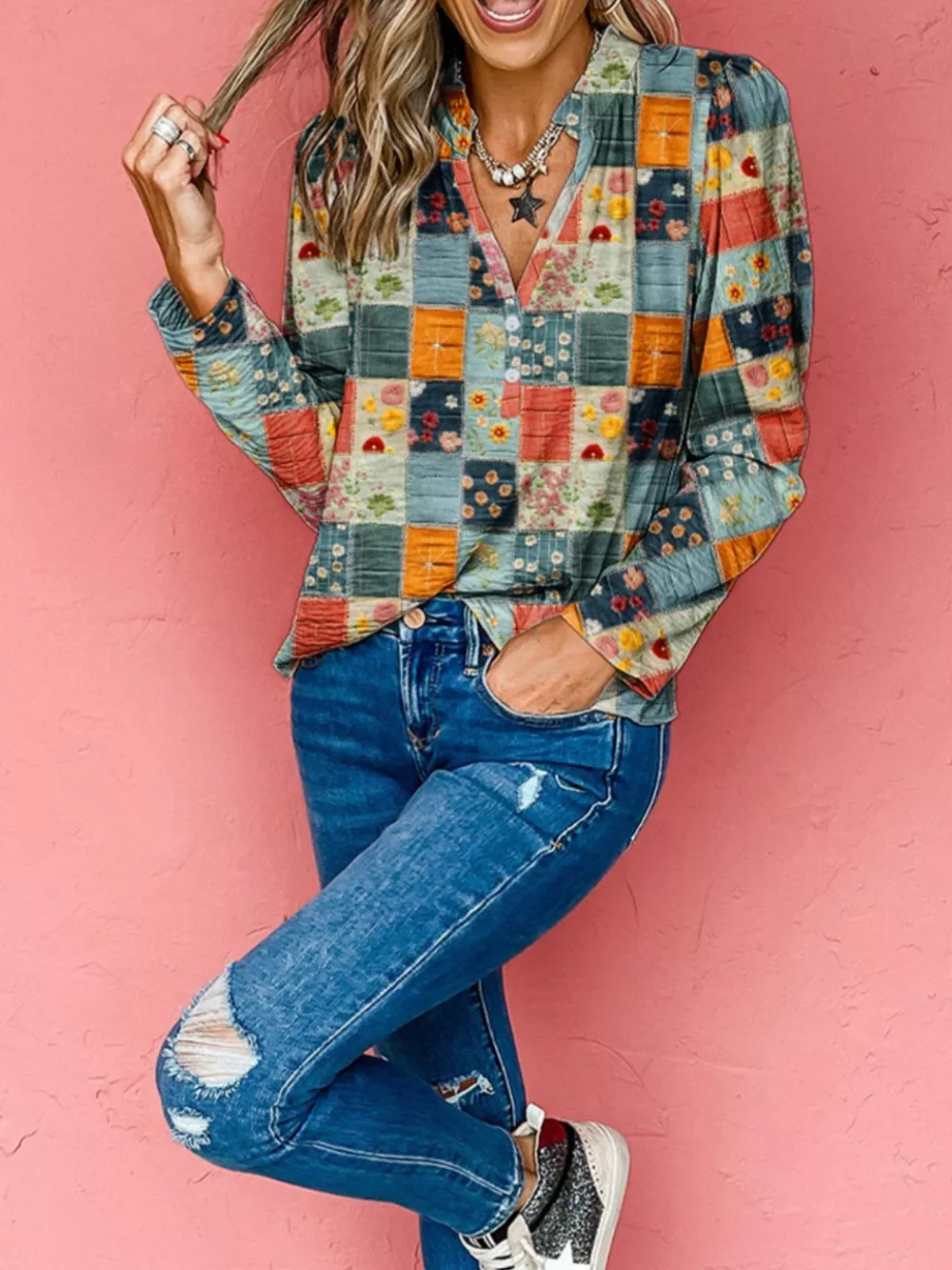 Floral Half Placket Notched Blouse, image 3