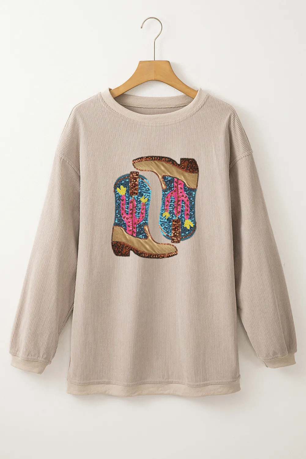 Full Size Sequin Boots Round Neck Long Sleeve Sweatshirt, image 5