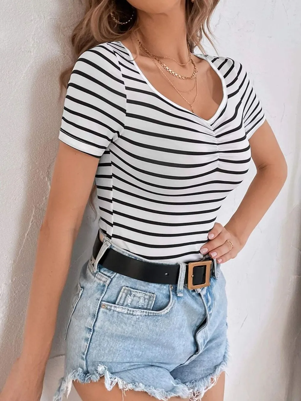 Striped V-Neck Short Sleeve T-Shirt, image 4