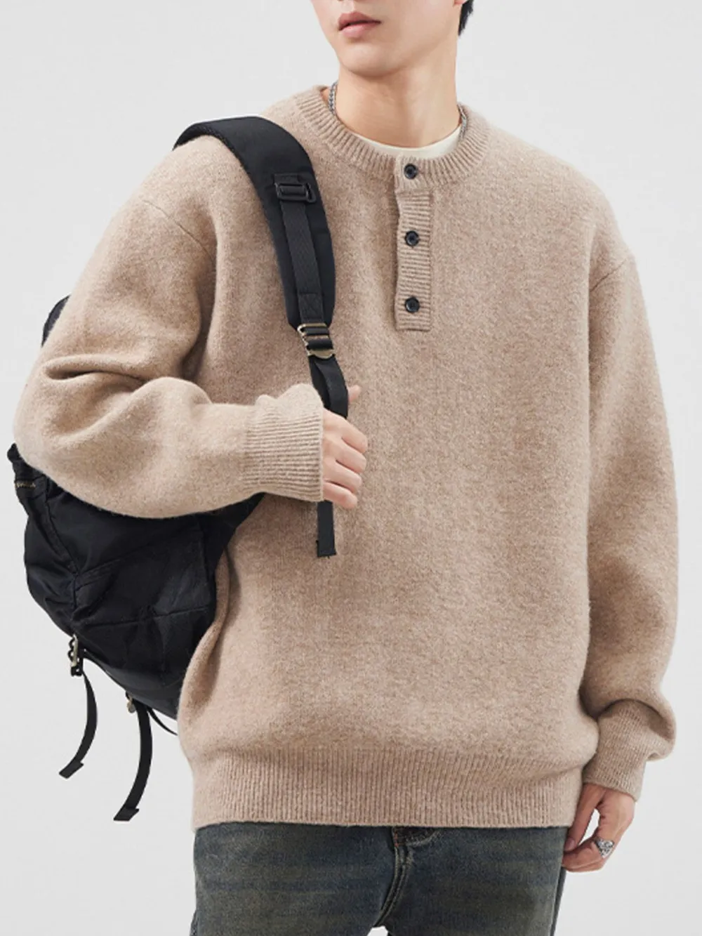 Men's Plus Size Button Detail Ribbed Hem Sweater, image 9