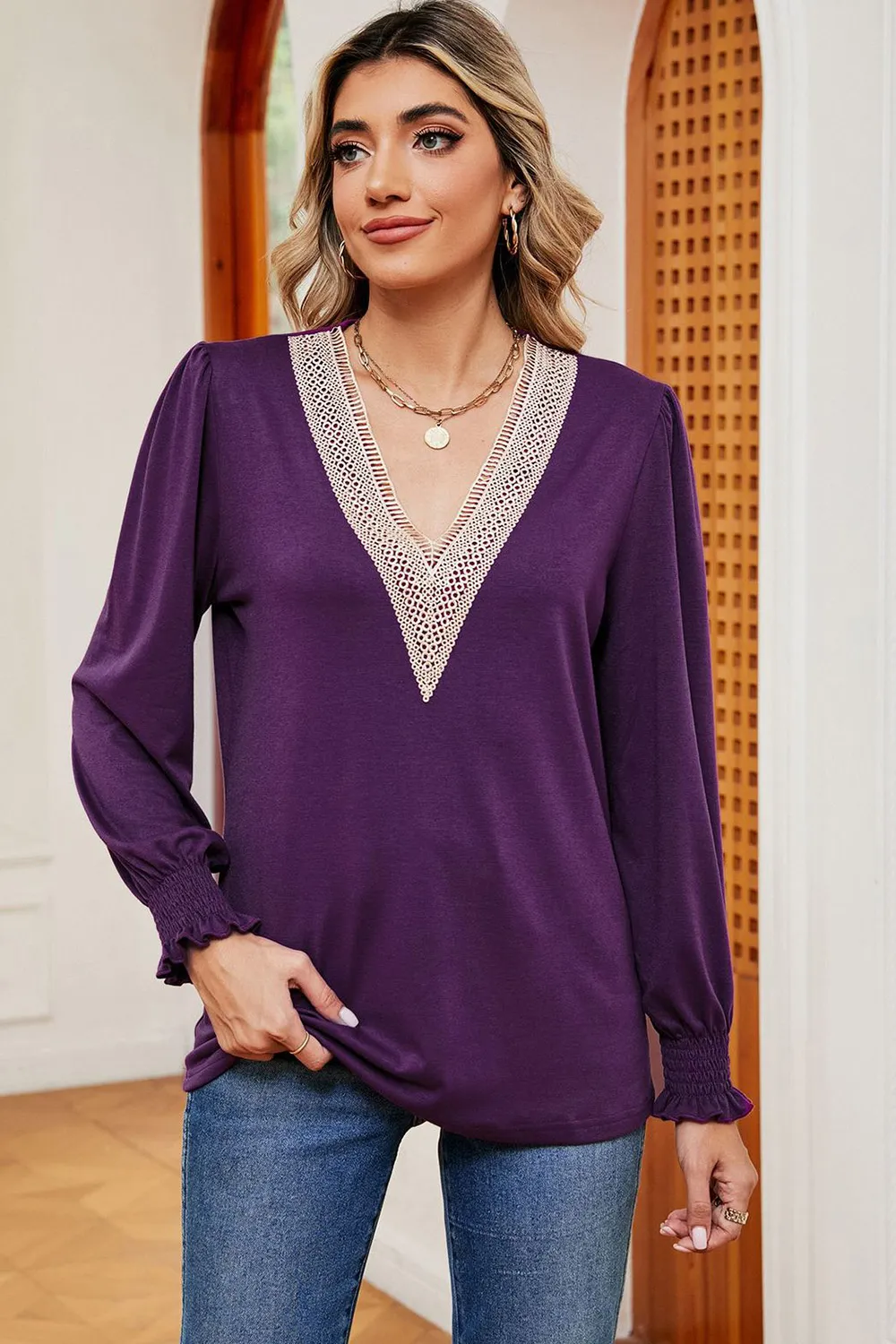 Lace Detail V-Neck Lantern Sleeve T-Shirt, image 16