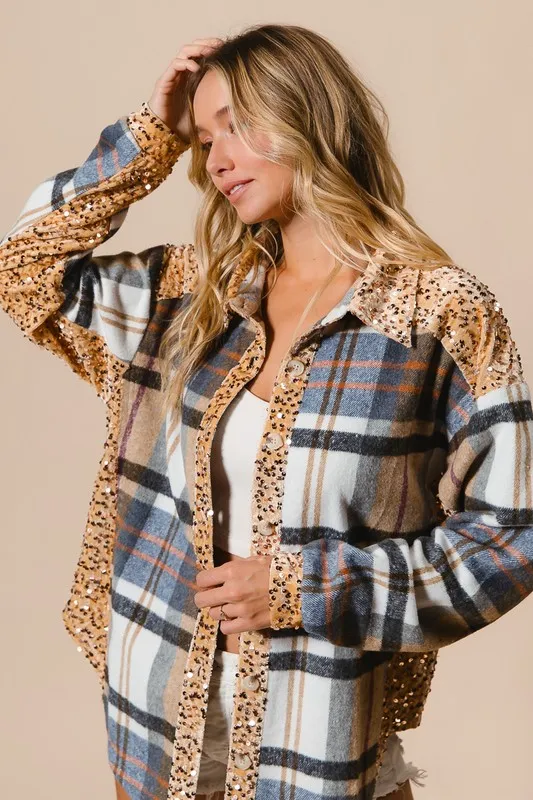 Curved Hem Sequin Plaid Button Up Shacket, image 5