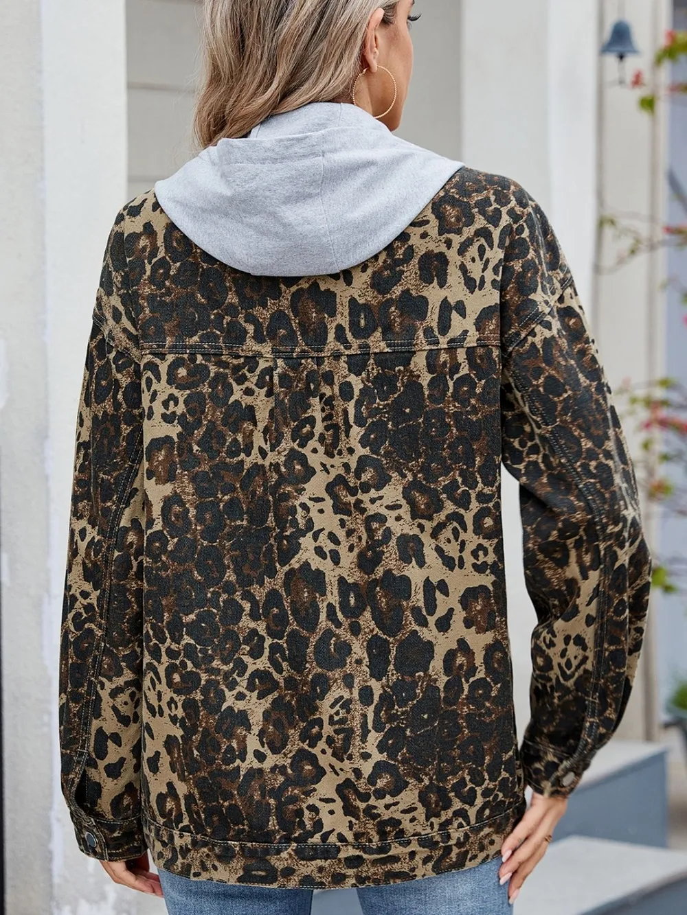 Pocketed Leopard Long Sleeve Denim Jacket, image 7