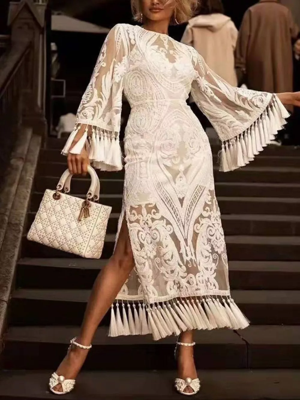 Full Size Tassel Hem Lace Flare Sleeve Dress Plus Size, image 2