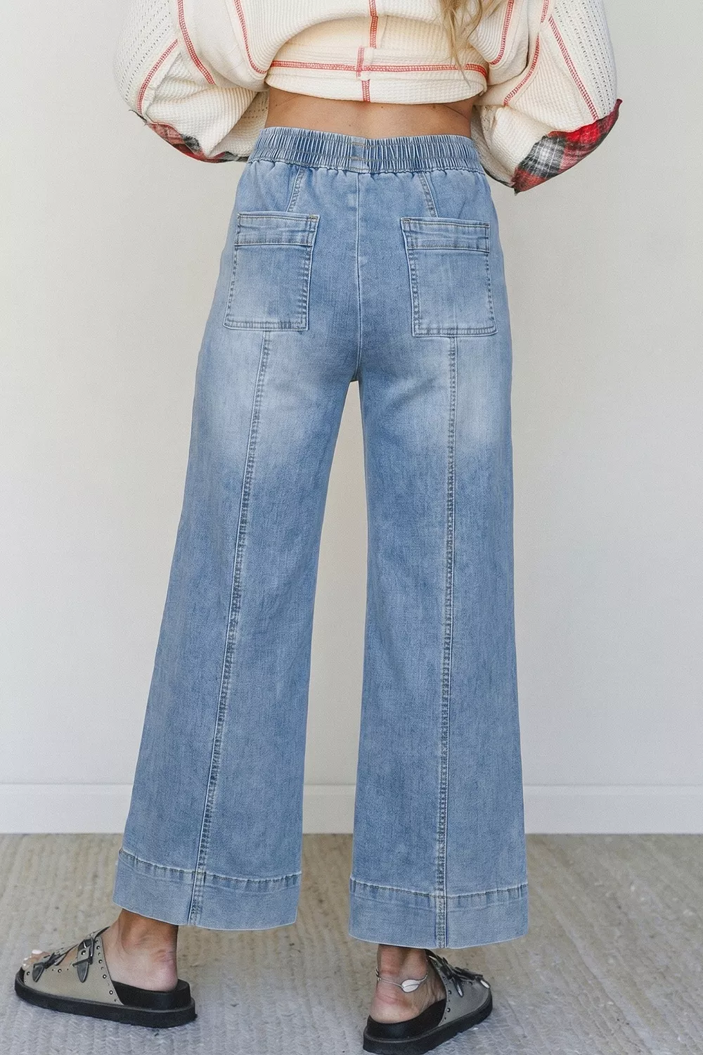 Drawstring Waist Wide Leg Ankle Length Jeans, image 3