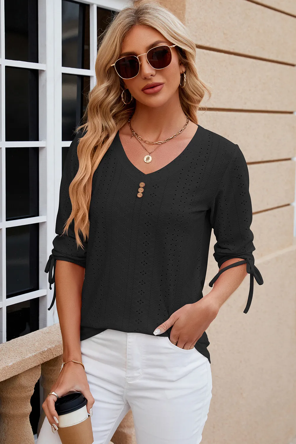 Eyelet Drawstring V-Neck Half Sleeve T-Shirt, image 5