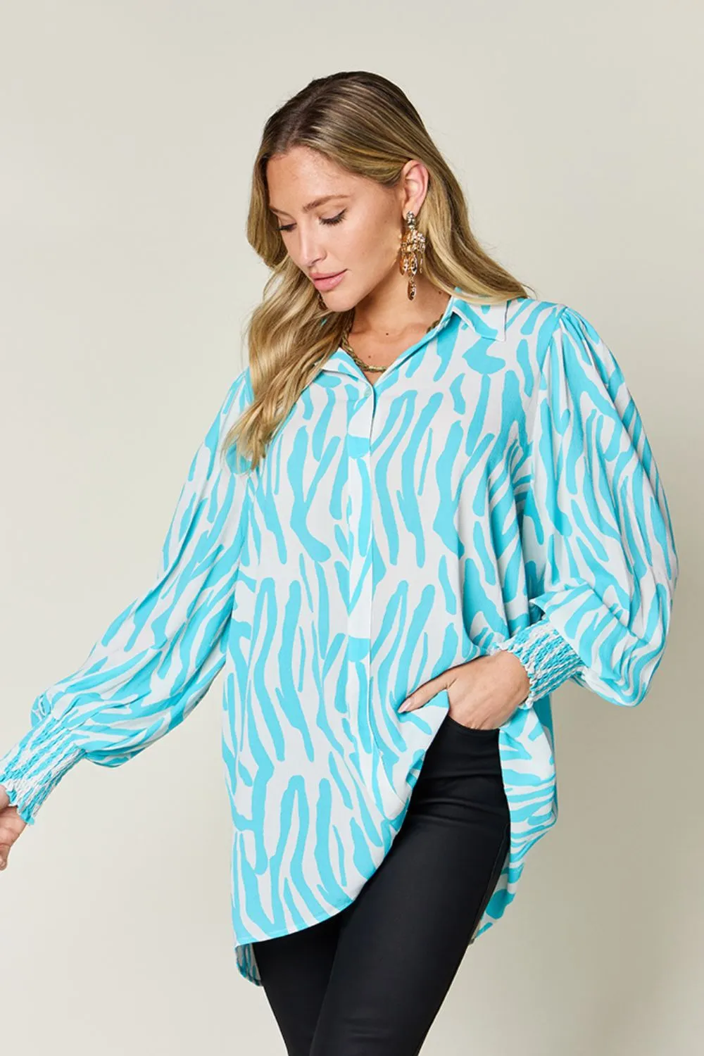 Full Size Printed Smocked Long Sleeve Blouse Plus Size, image 17