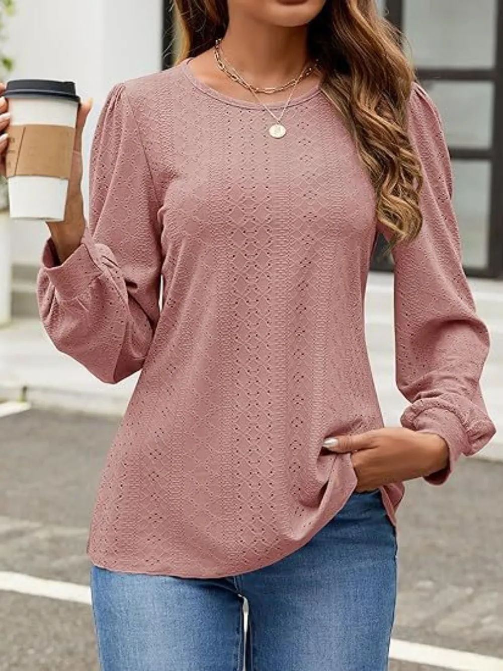 Eyelet Round Neck Long Sleeve Top, image 26