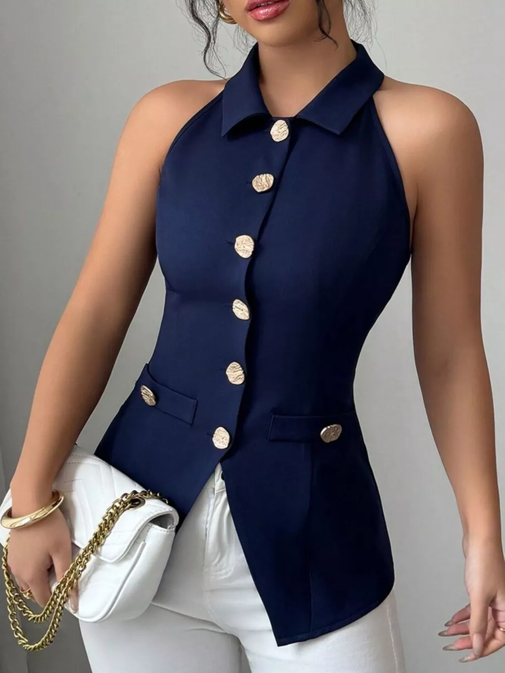 Sleeveless Lapel Collar Button-Down Vest, image 5