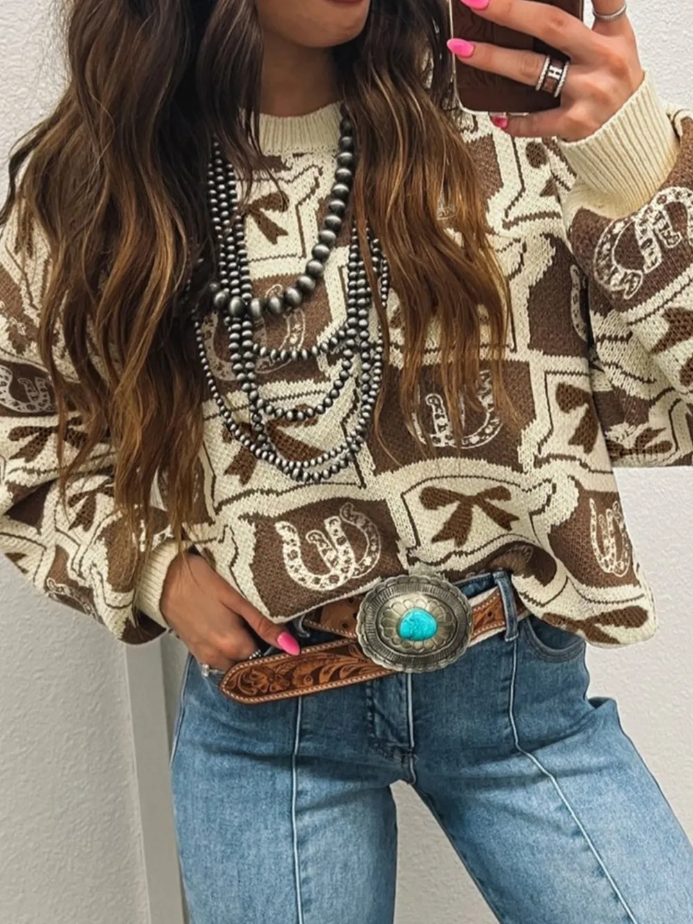 Graphic Round Neck Long Sleeve Sweater, image 2