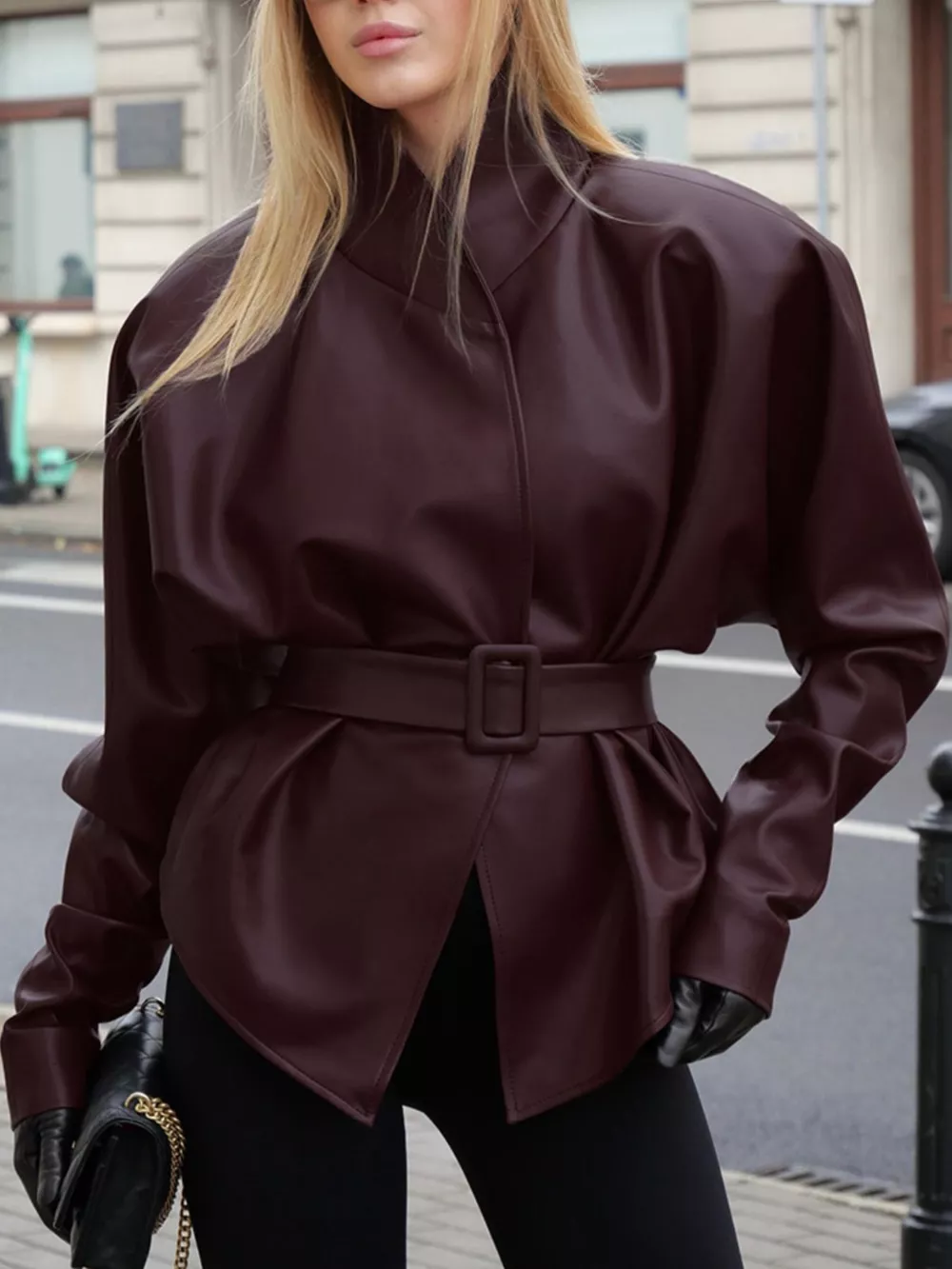 Stand Collar Belted Faux Leather Jacket, image 11