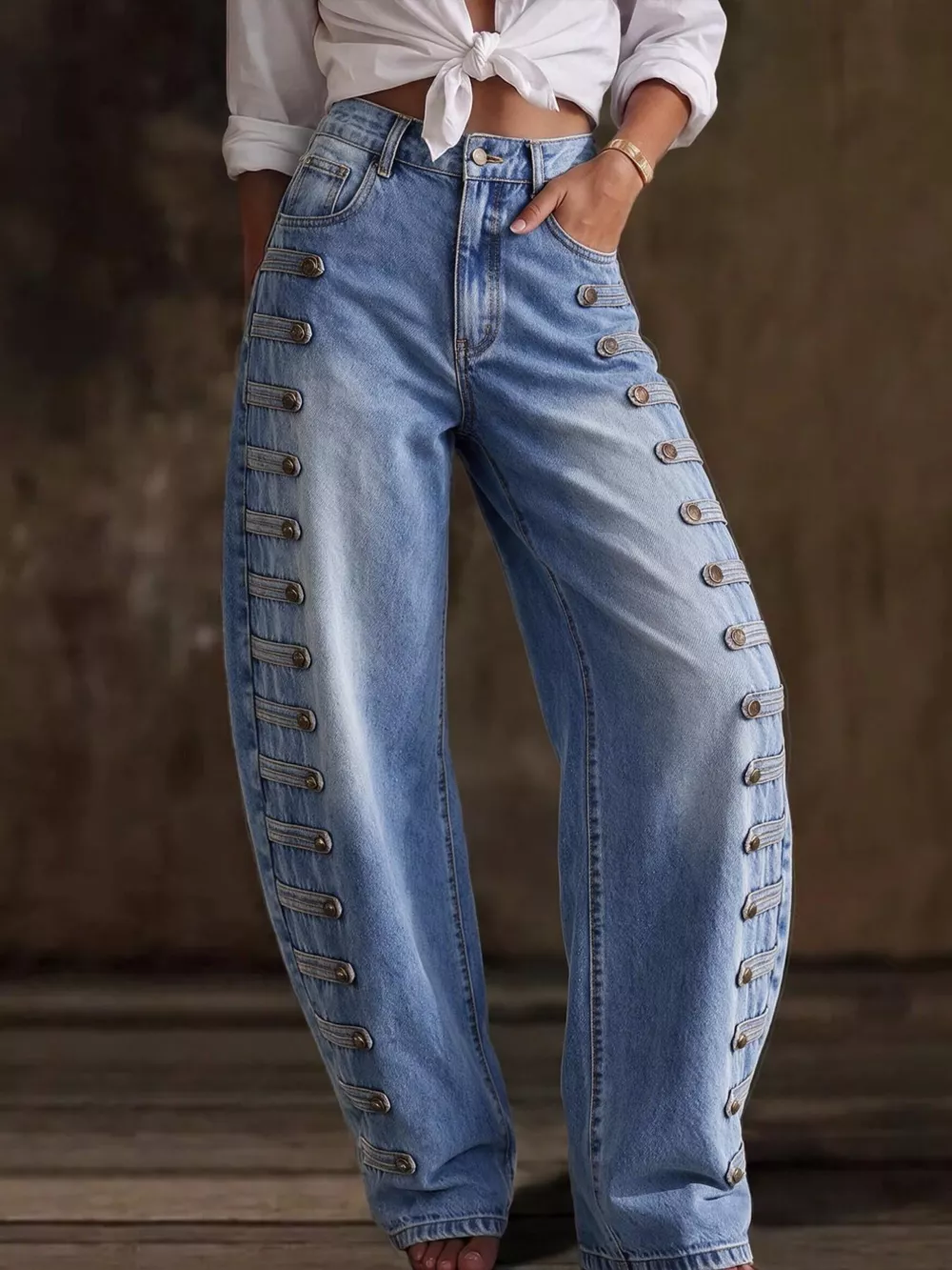 Decorative Button Wide Leg Jeans, image 21