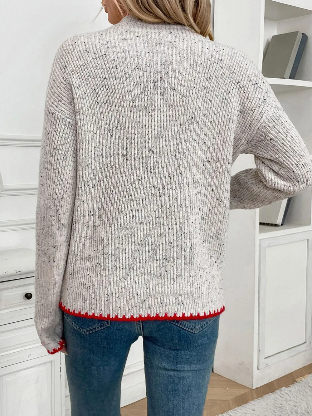 Contrast Heart Round Neck Long Sleeve Sweater, image 6