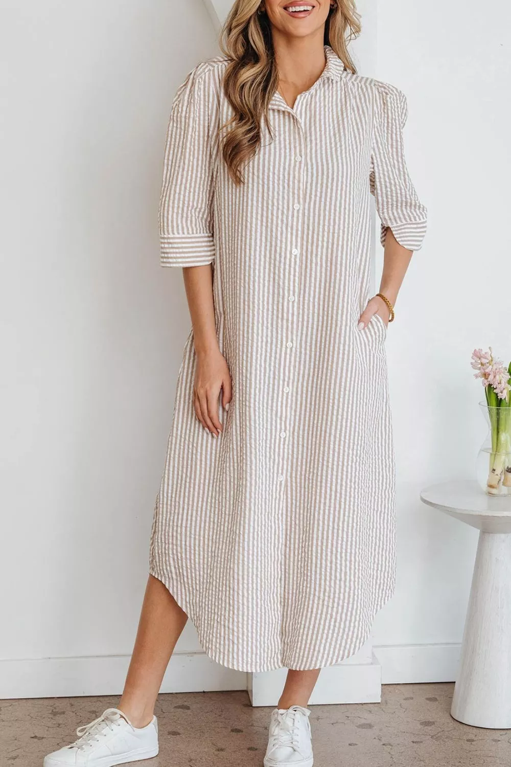 Stripe Frilled Collar Half Sleeve Shirt Dress, image 4