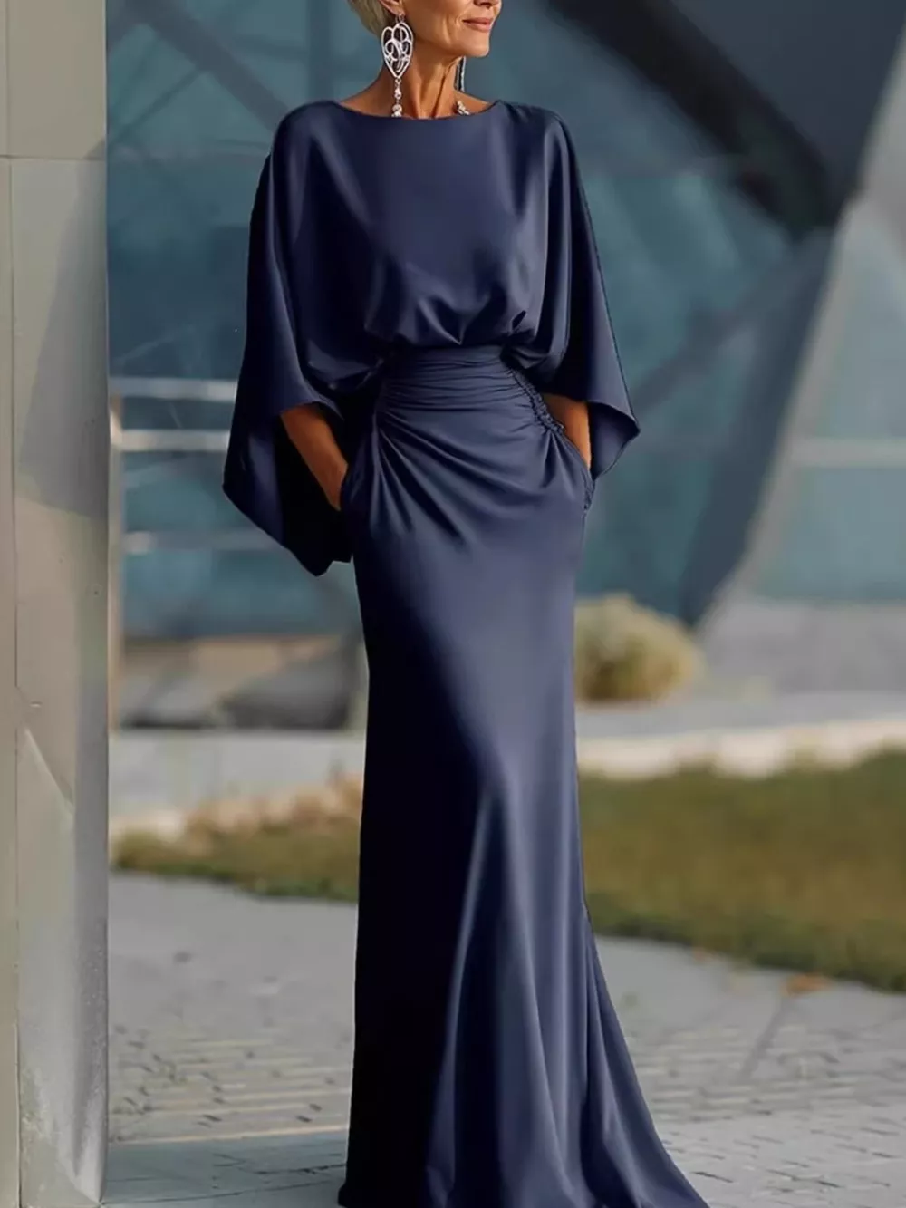 Batwing Sleeve Ruched Maxi Dress, image 8