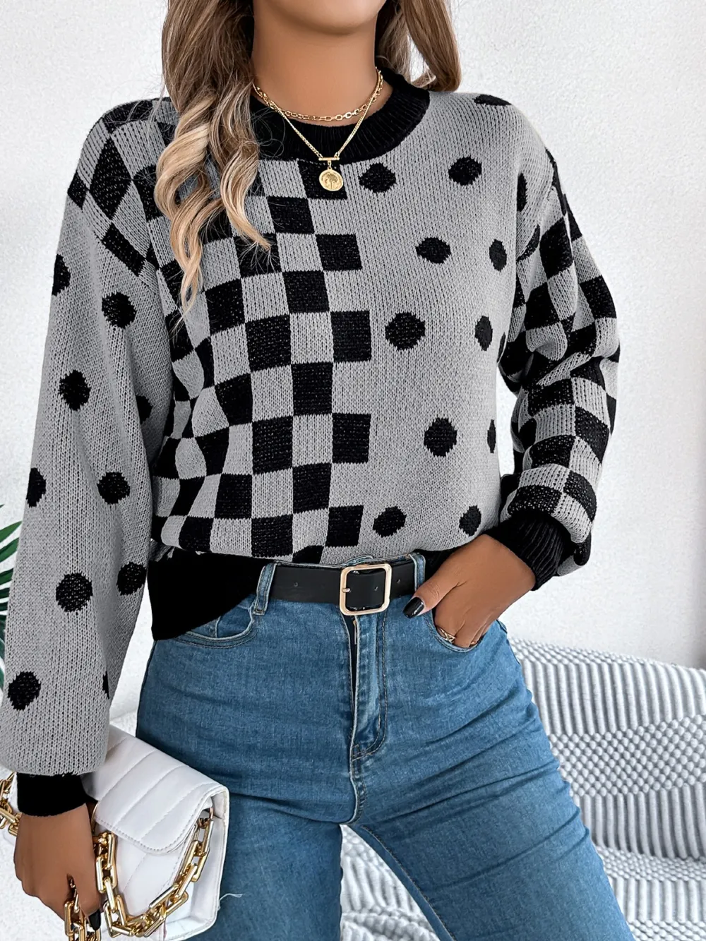 Plaid Round Neck Long Sleeve Sweater, image 7