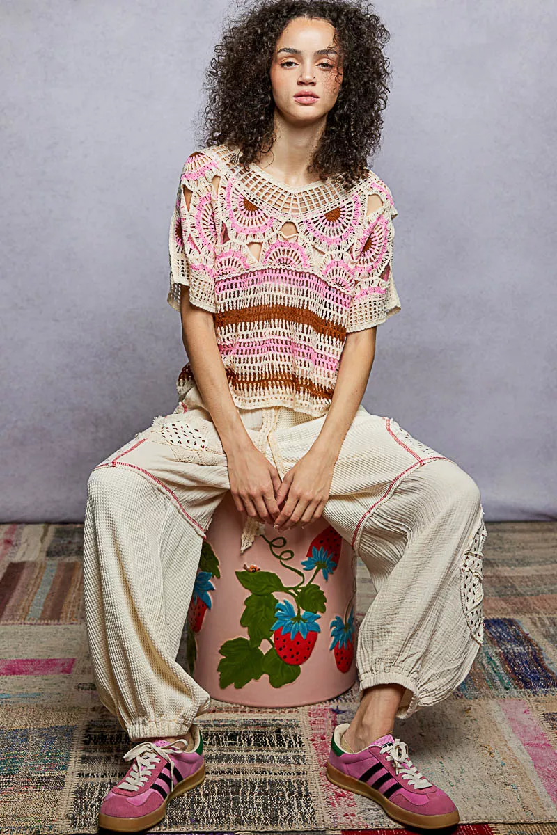 Weave Pattern Short Sleeve Crochet Top with Border Accents, image 2