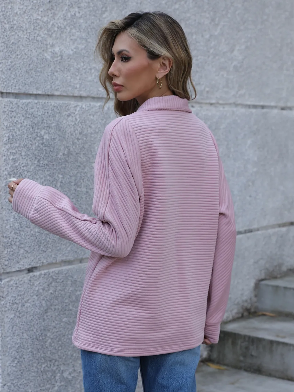 Full Size Ribbed Quarter Zip Long Sleeve Sweatshirt, image 4