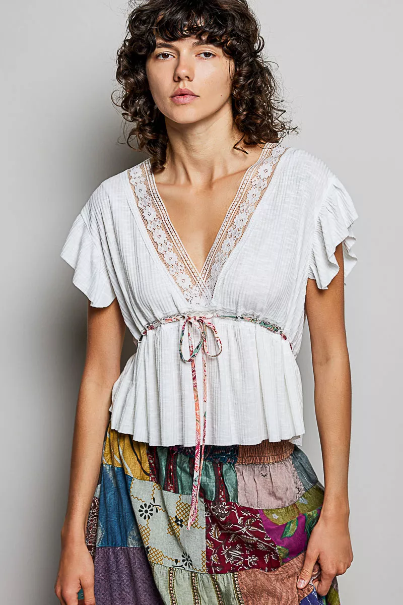 Tied Ruffled V-Neck Short Sleeve Blouse with Lace Detail