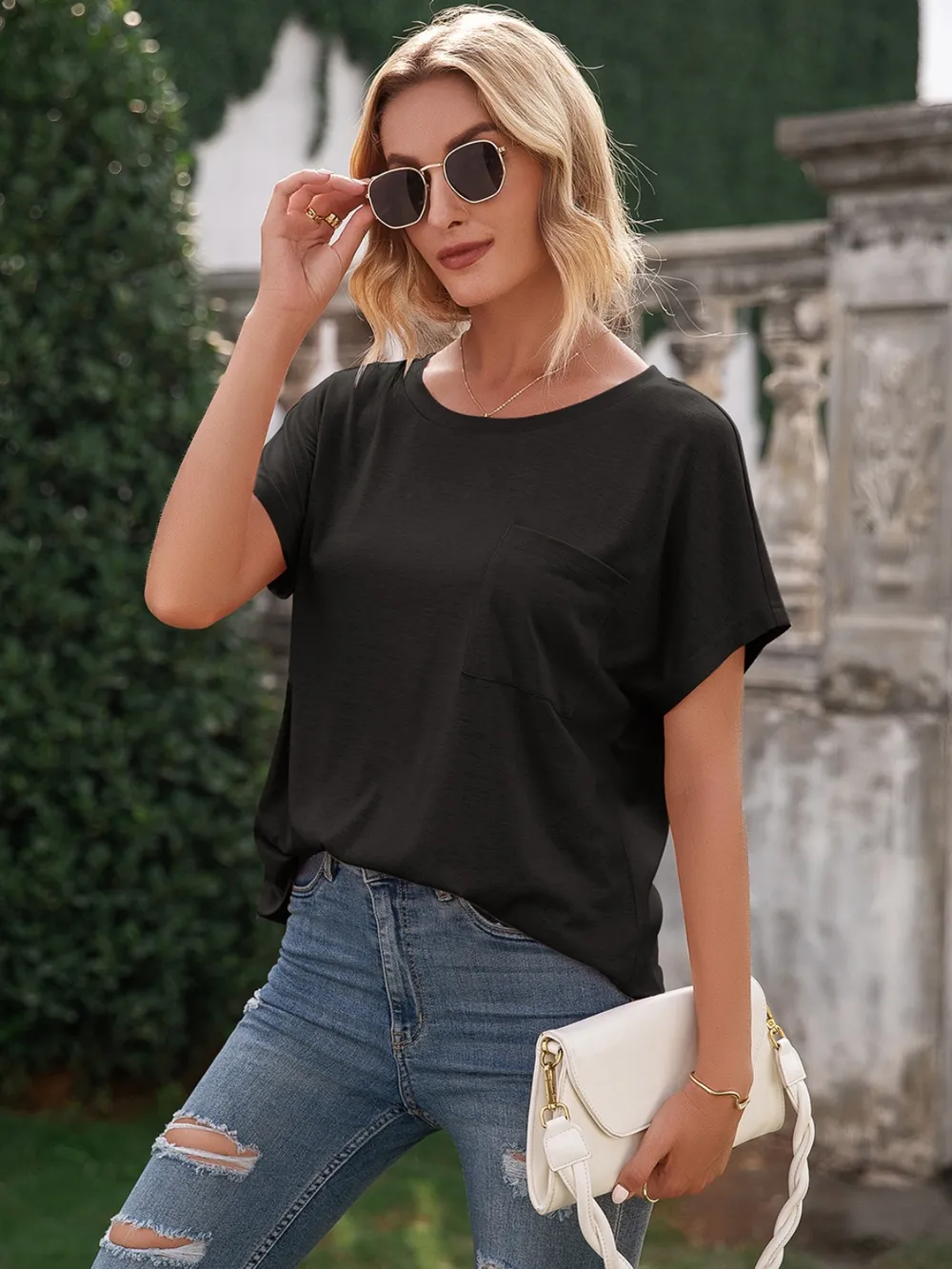 Pocketed Round Neck Short Sleeve T-Shirt, image 4