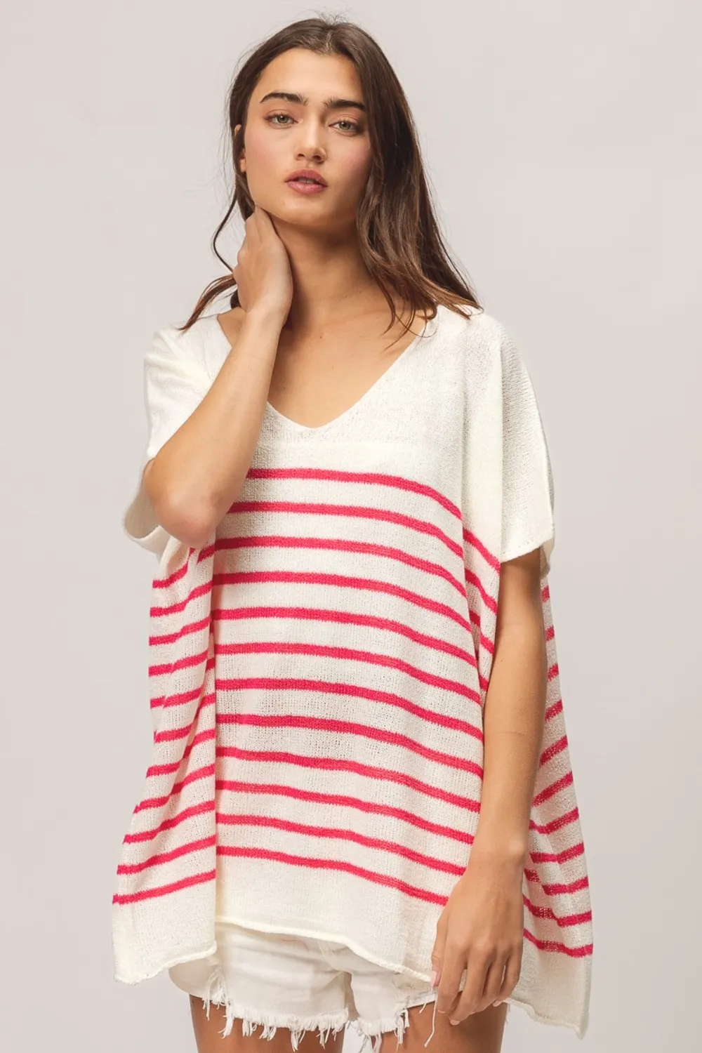 V Neck Striped Short Sleeve Top, image 3