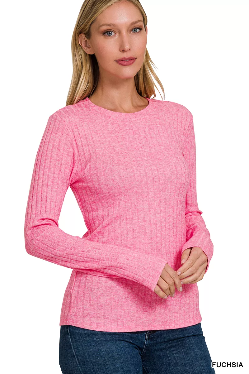Ribbed Long Sleeve Round Neck T-Shirt, image 2