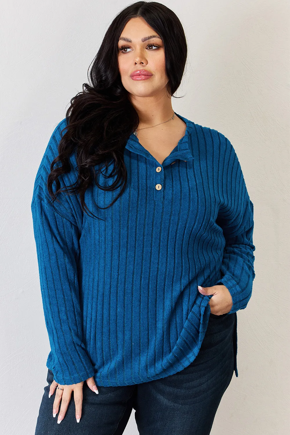 Full Size Ribbed Half Button Long Sleeve High-Low T-Shirt, image 32