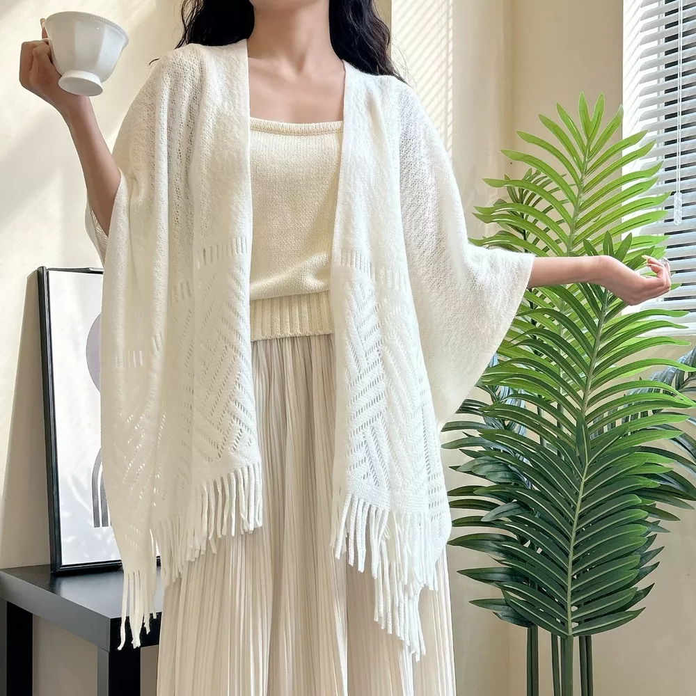 Knitted Fringe Openwork Scarf Shawl, image 2