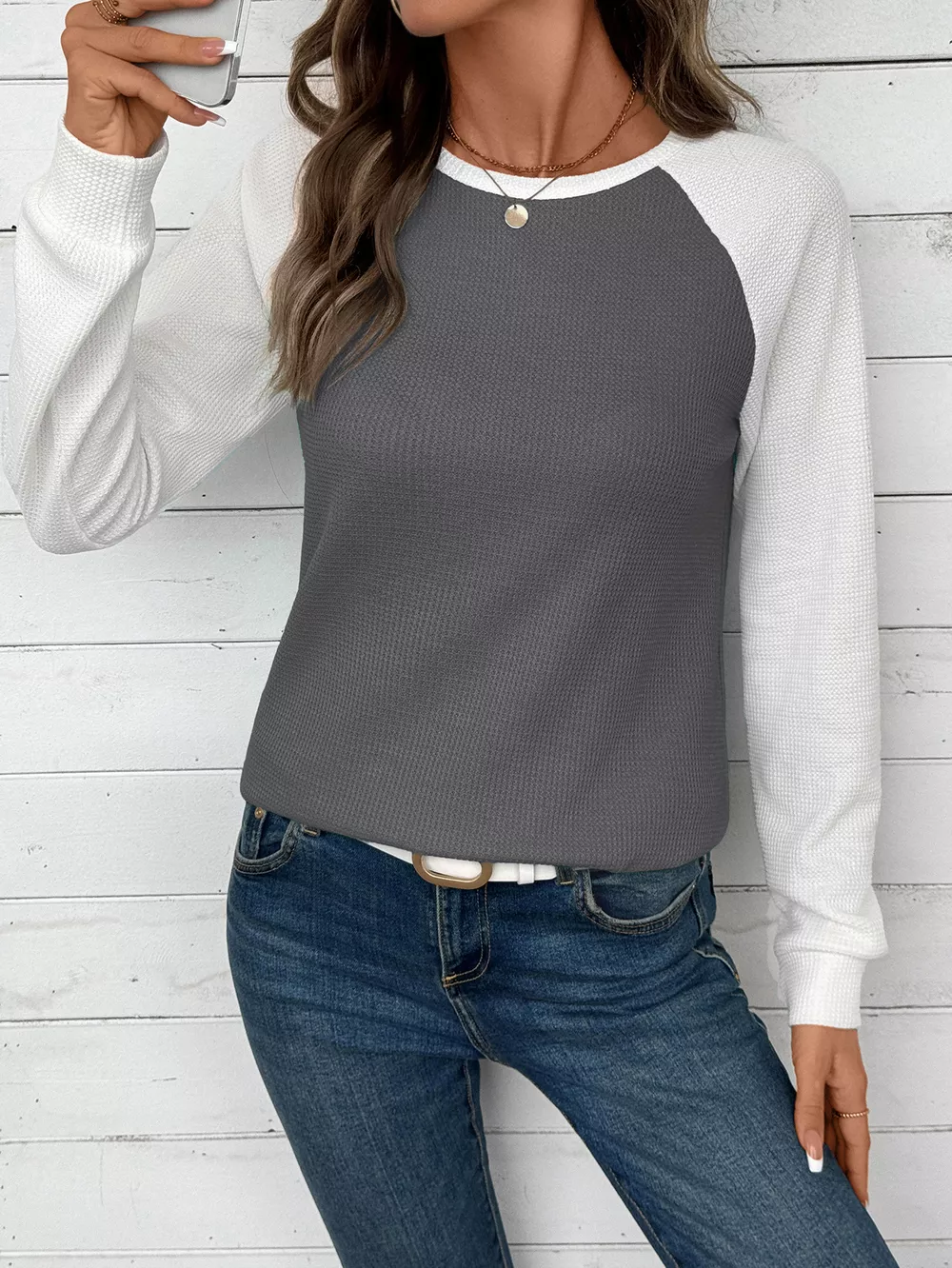 Contrast Raglan Sleeve Waffle Knit T-Shirt, image 9