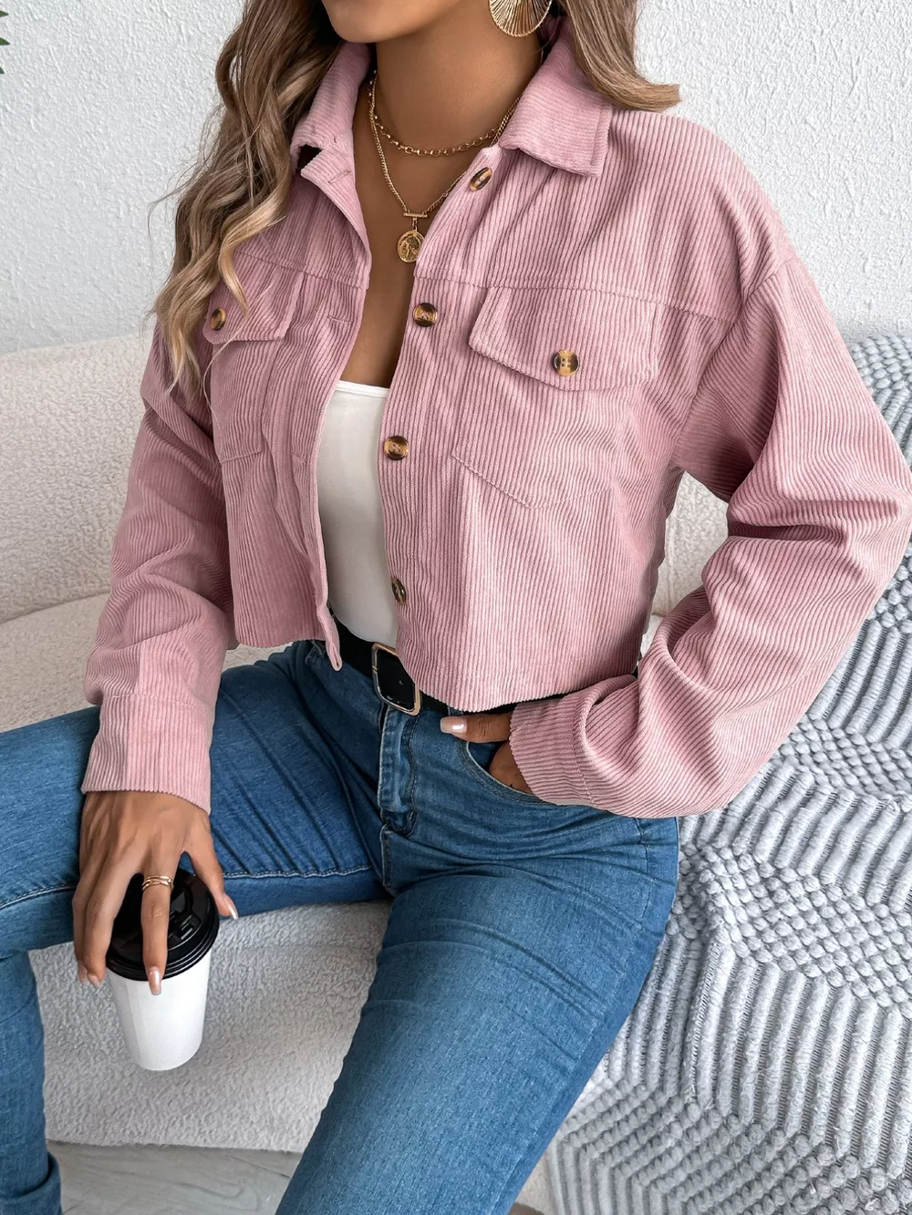 Corduroy Button-Up Dropped Shoulder Jacket, image 7