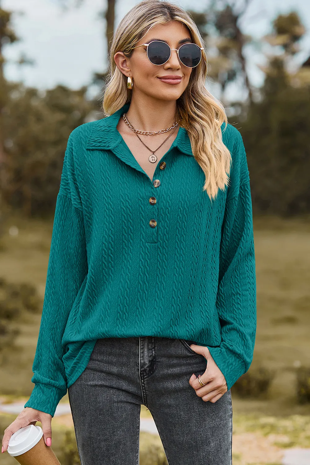 Half Button Dropped Shoulder Blouse, image 8
