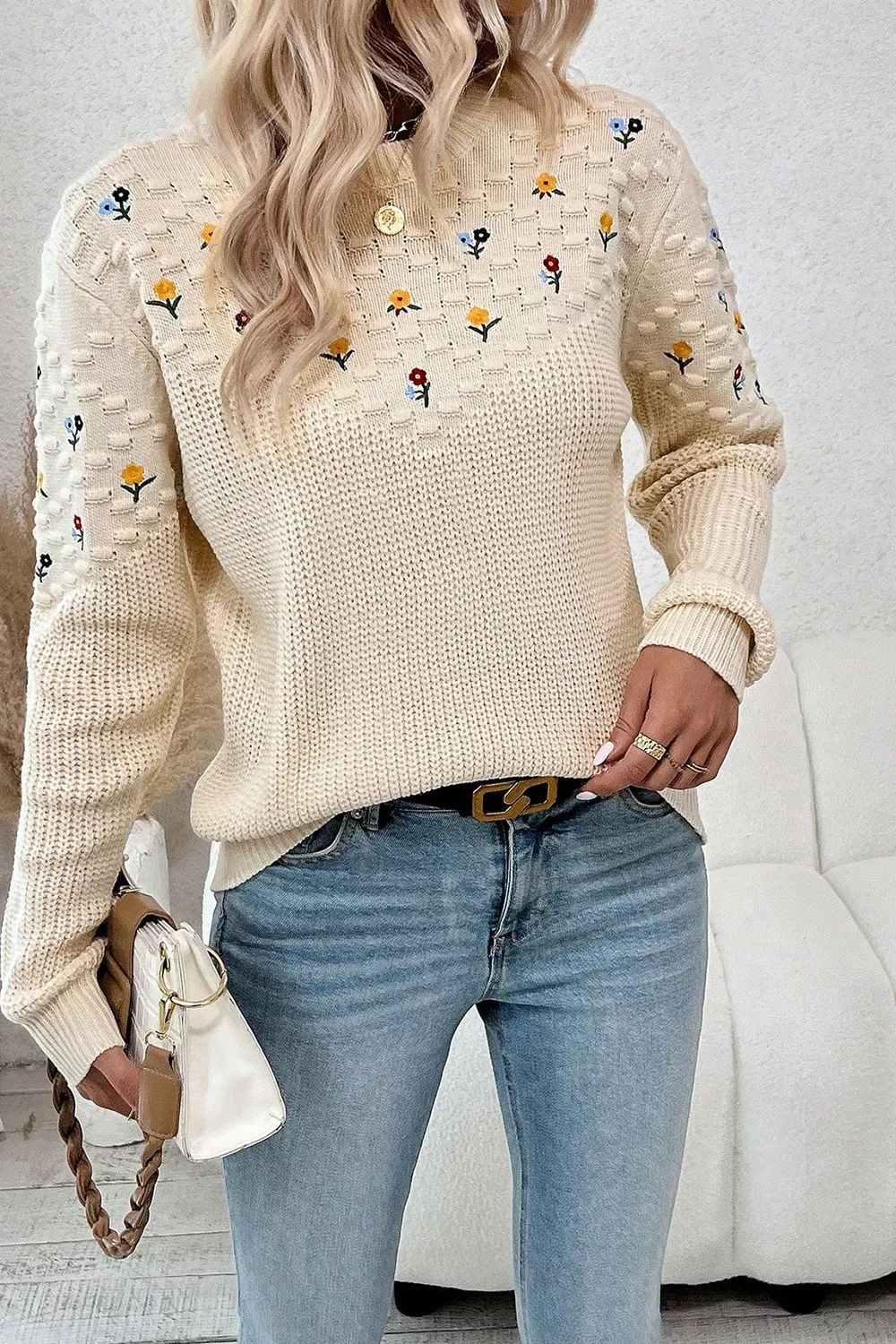 Floral Round Neck Dropped Shoulder Sweater, image 6
