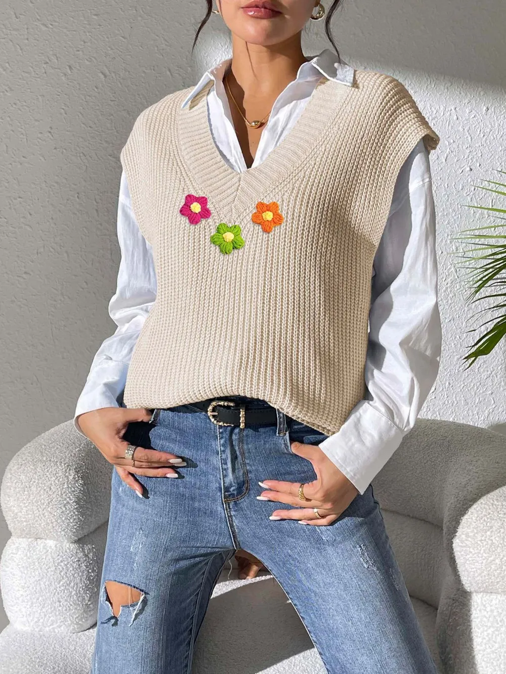 Flower V-Neck Sweater Vest, image 8