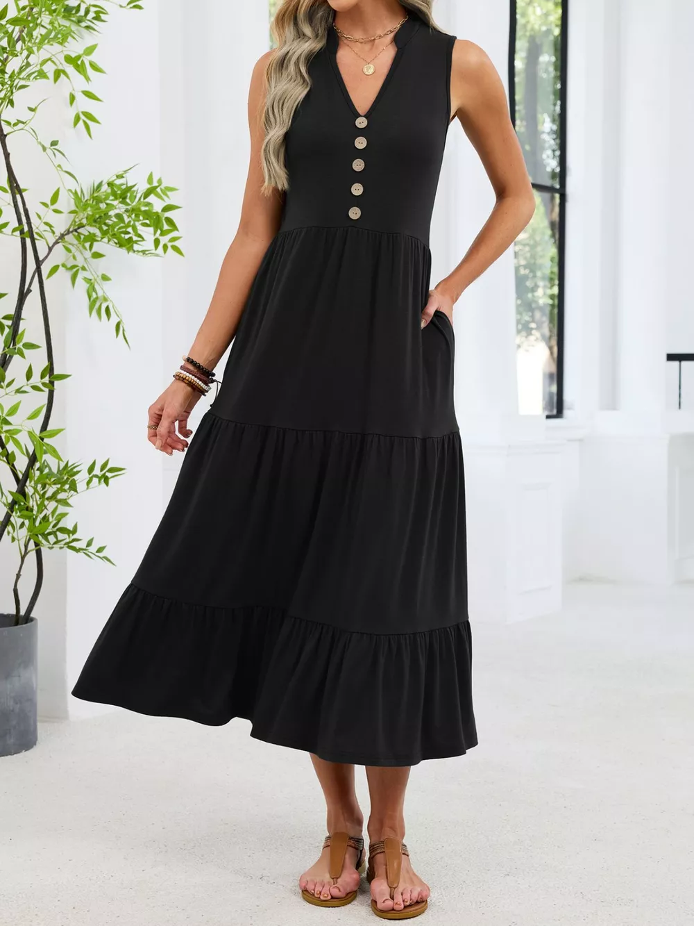 Sleeveless Notched Tiered Midi Dress, image 24