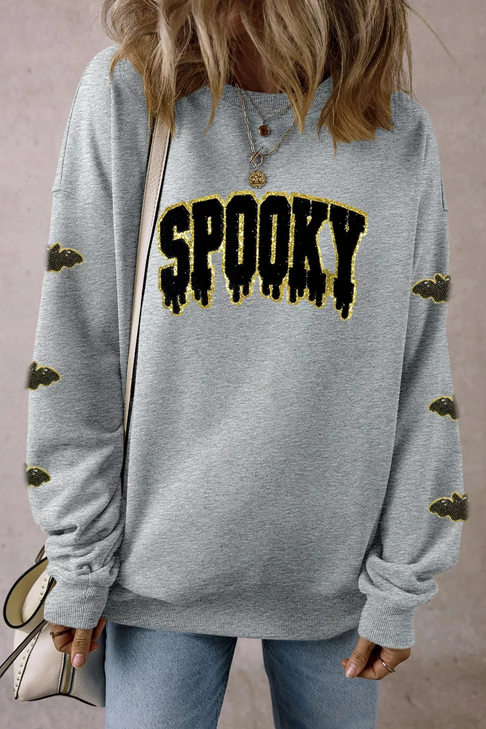Sequin SPOOKY Halloween Bat Embellished Sleeve Pullover Sweatshirt, image 5