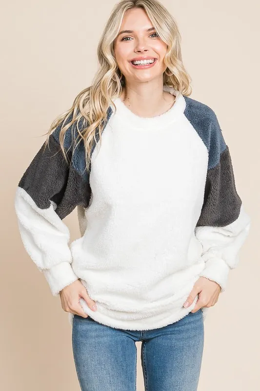Color Block Faux Fur Raglan Sleeve Sweatshirt, image 4