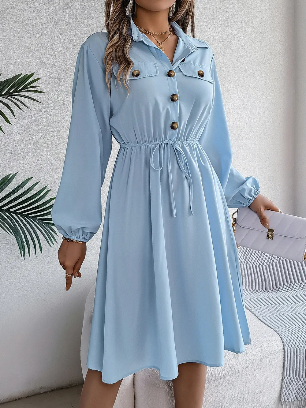 Collared Neck Long Sleeve Dress with Pockets, image 5