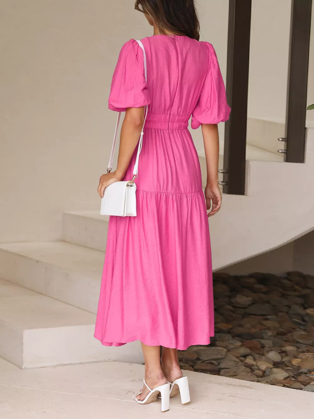 Elegant Puff Sleeve V-Neck Midi Dress, image 28