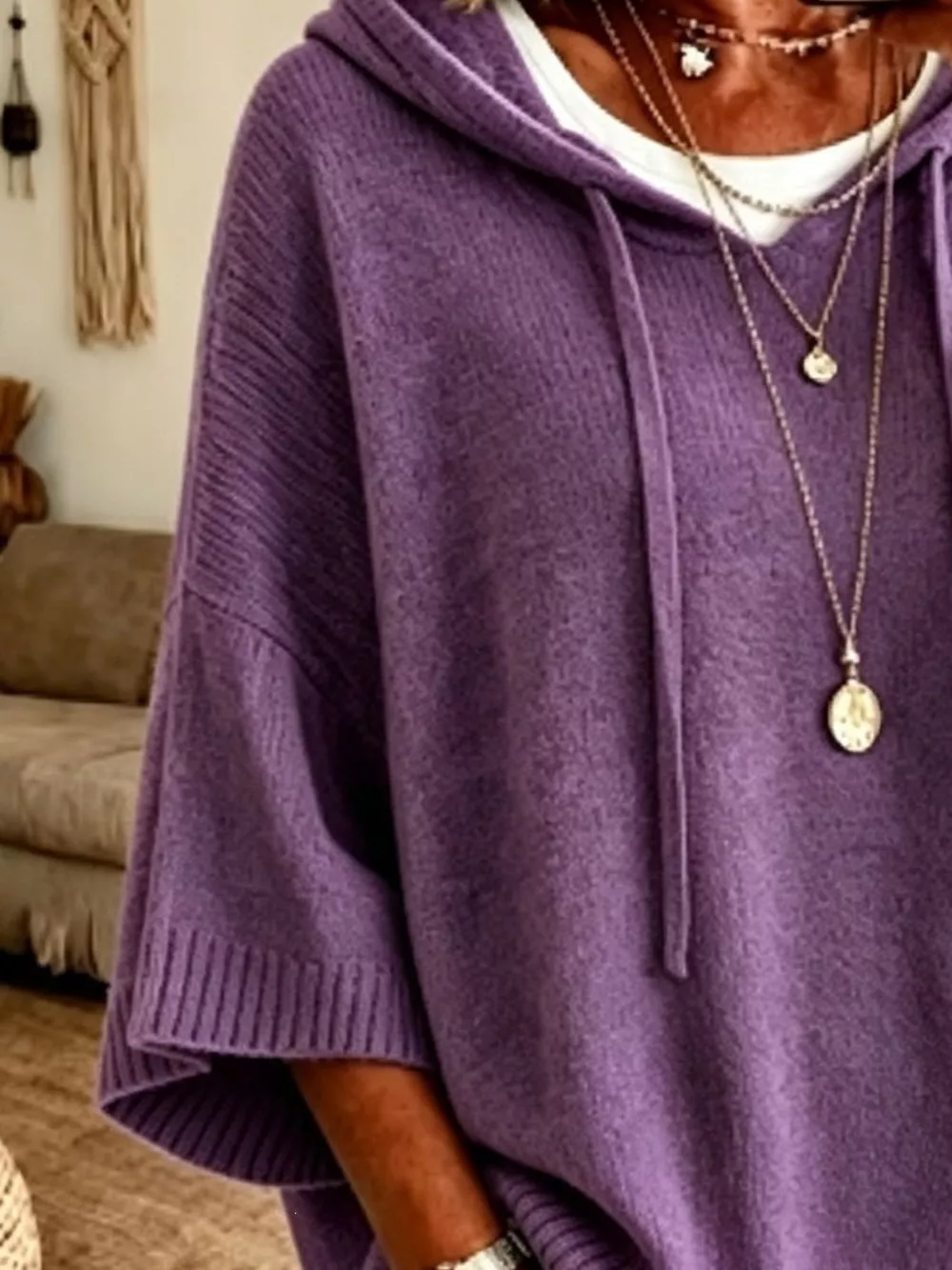 Full Size Drawstring 3/4 Sleeve Hooded Sweater Plus Size, image 8
