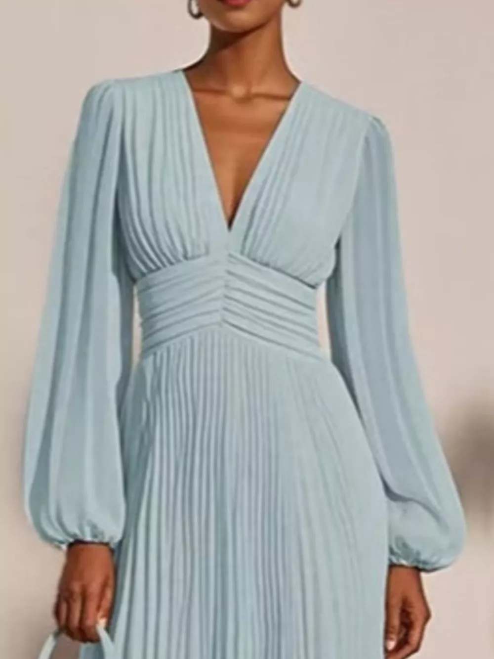 Pleated V-Neck Chiffon Midi Dress, image 2