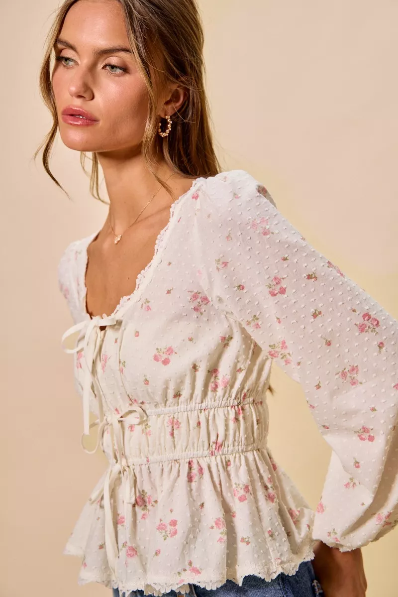 Floral Clip Dot Lace Trim Ruched Bodice Blouse, image 4