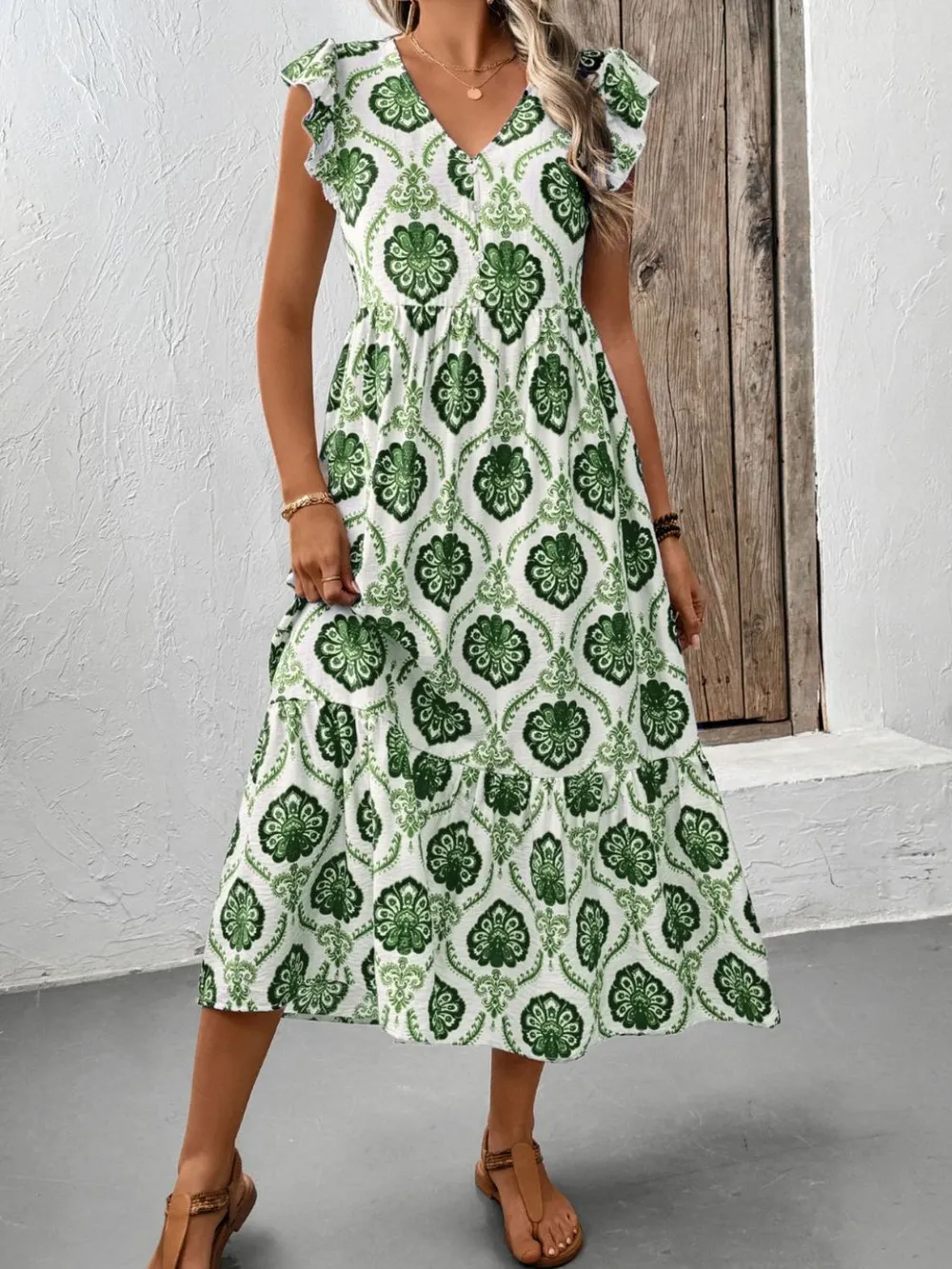 Ruffled Printed V-Neck Cap Sleeve Dress, image 6