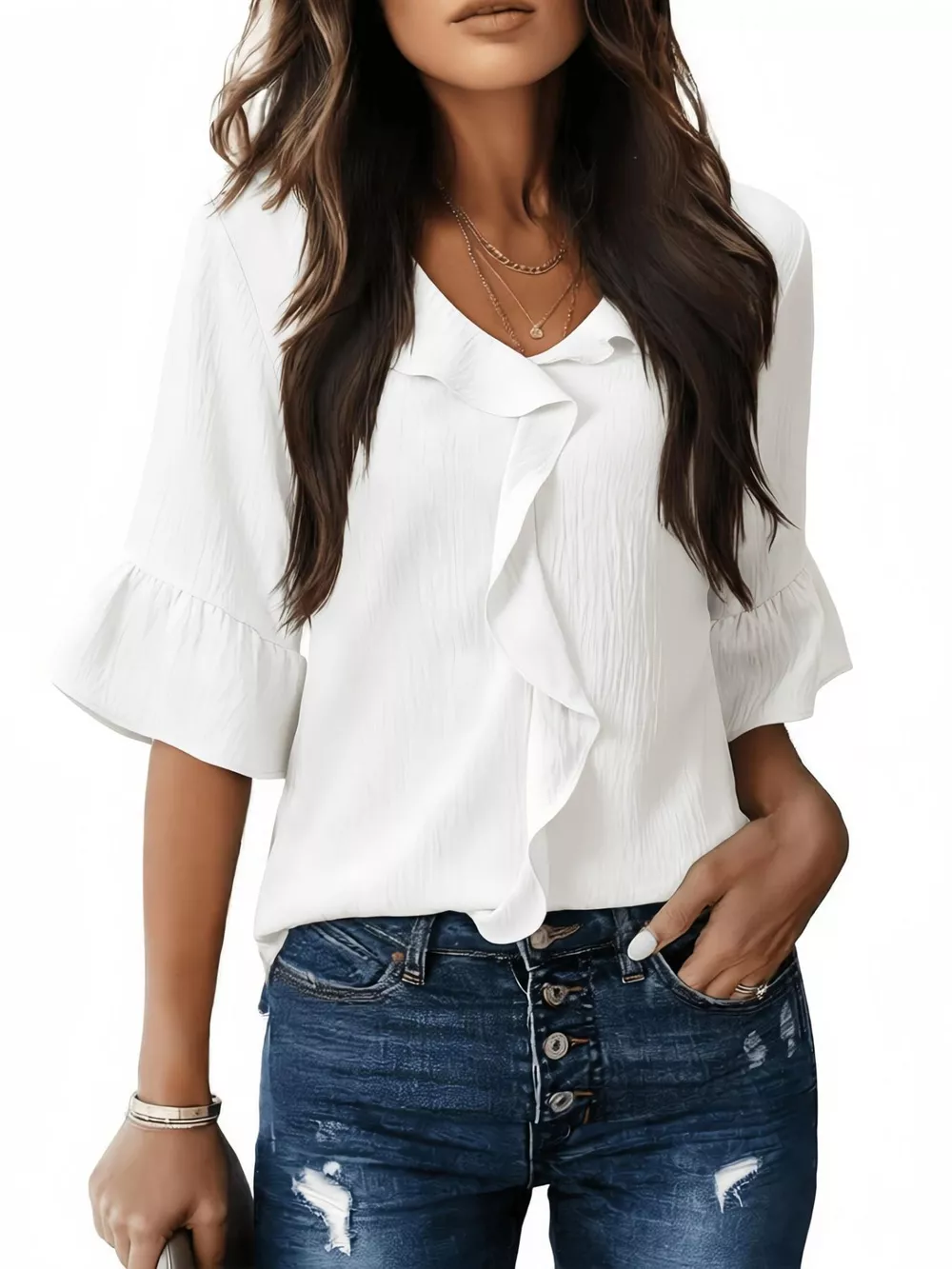 Ruffle Trim V-Neck Blouse, image 16