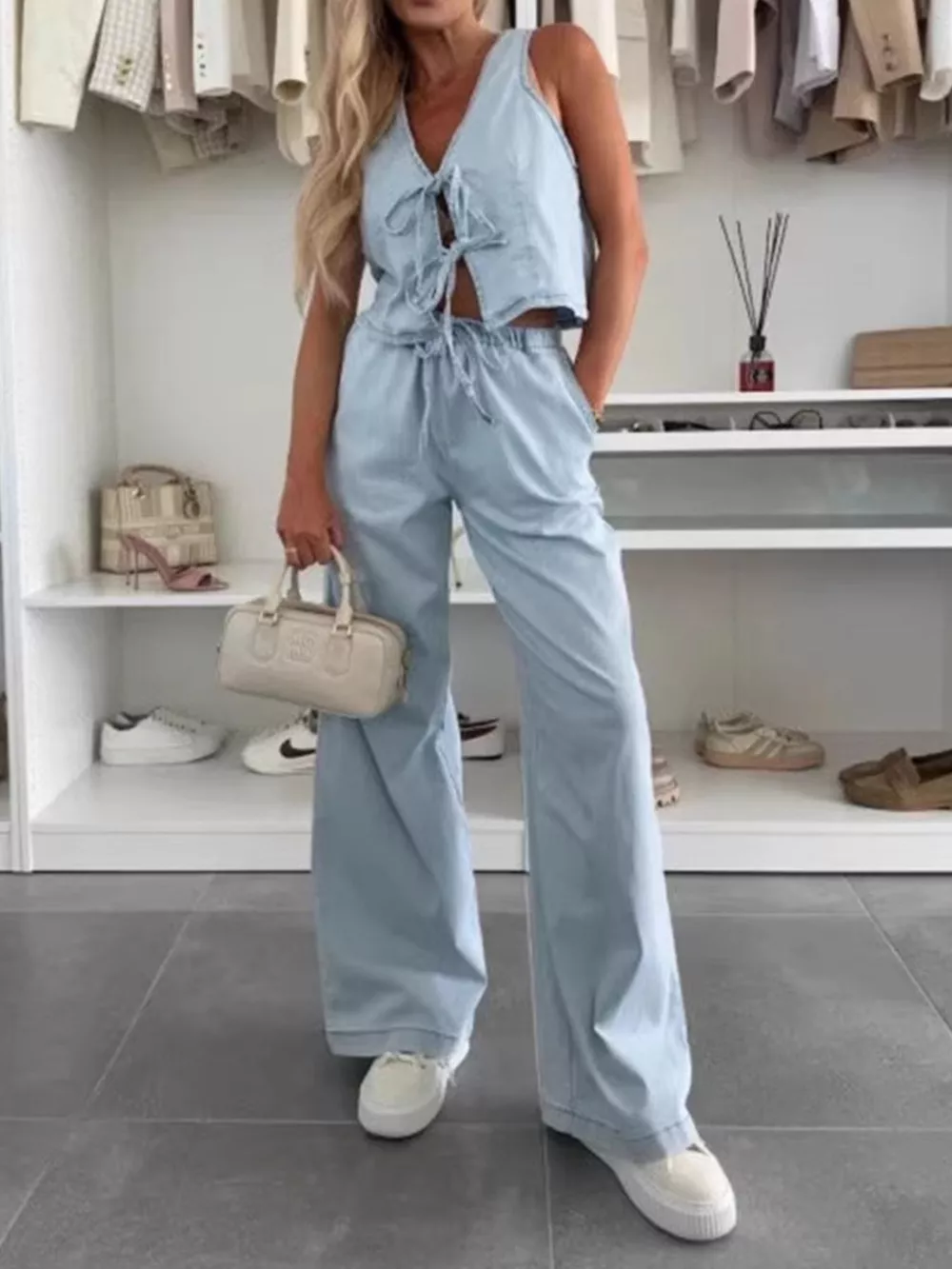 Tie Front Vest and Jeans Denim Set, image 3