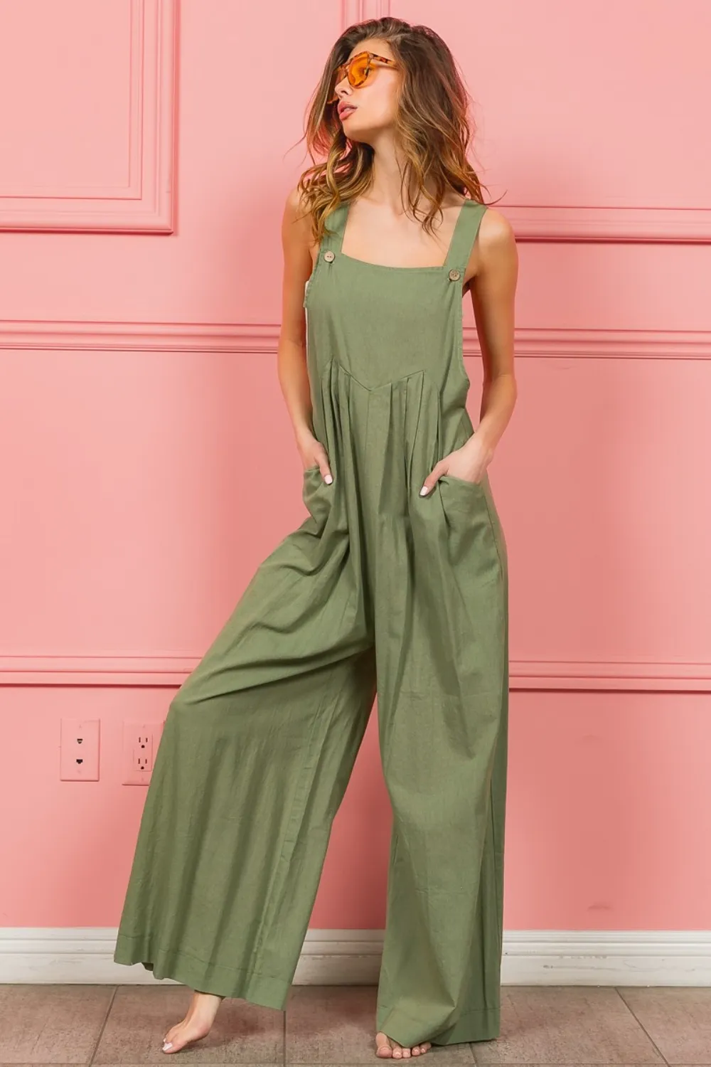 Ruched Wide Leg Overalls with Pockets, image 3
