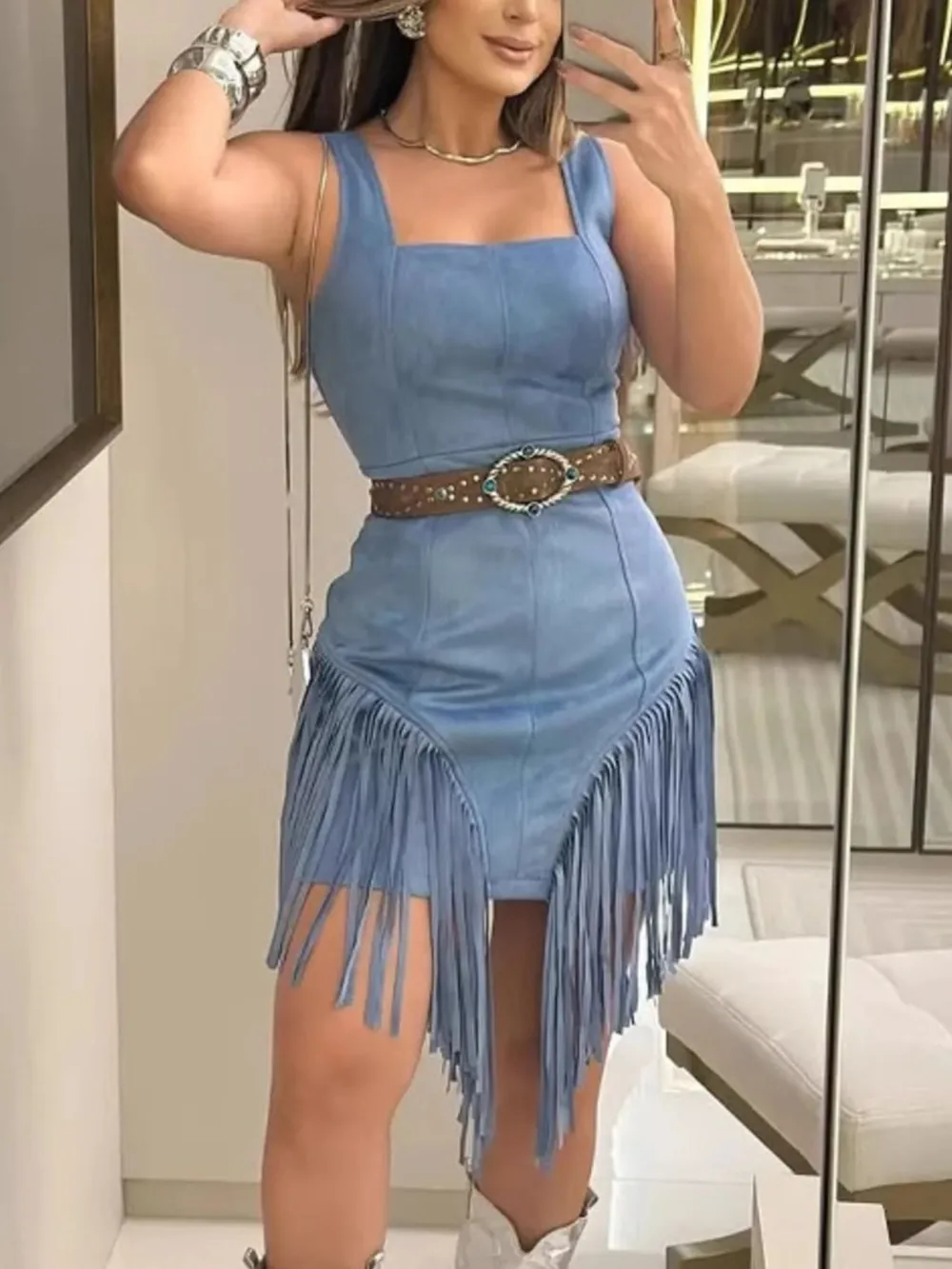 Fringe Square Neck Bodycon Mini Dress, image 7