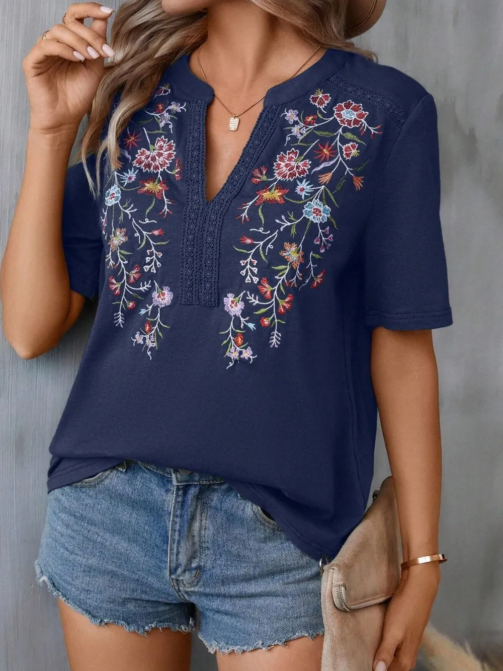 Embroidered Notched Short Sleeve T-Shirt, image 19