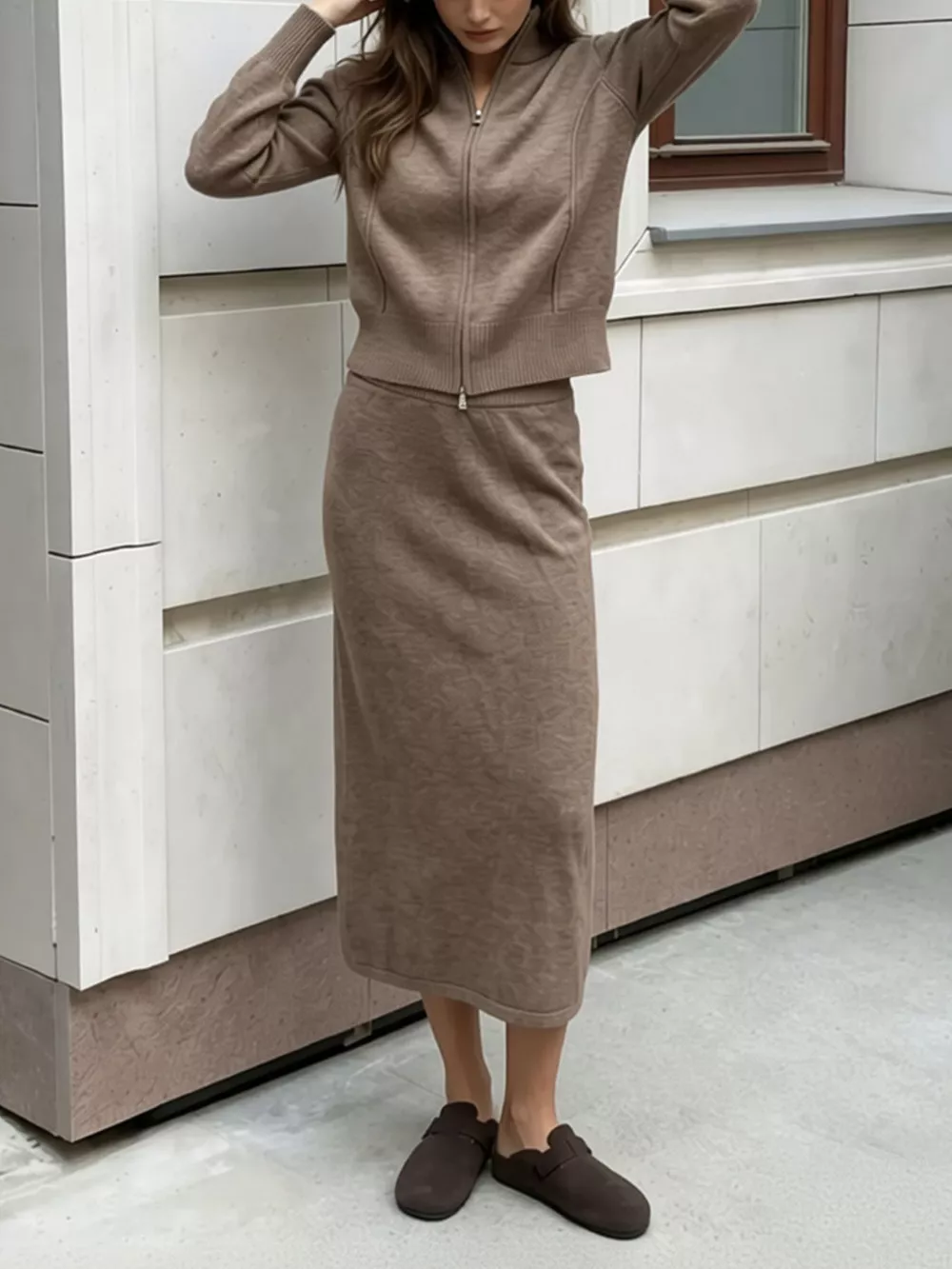 Zip-Up Mock Neck Cardigan and Matching Midi Skirt Sweater Set, image 9